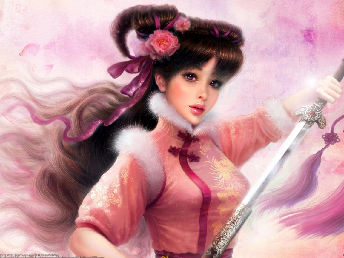 девушка, ruoxing zhang, арт, цветы, мех, кисти, меч