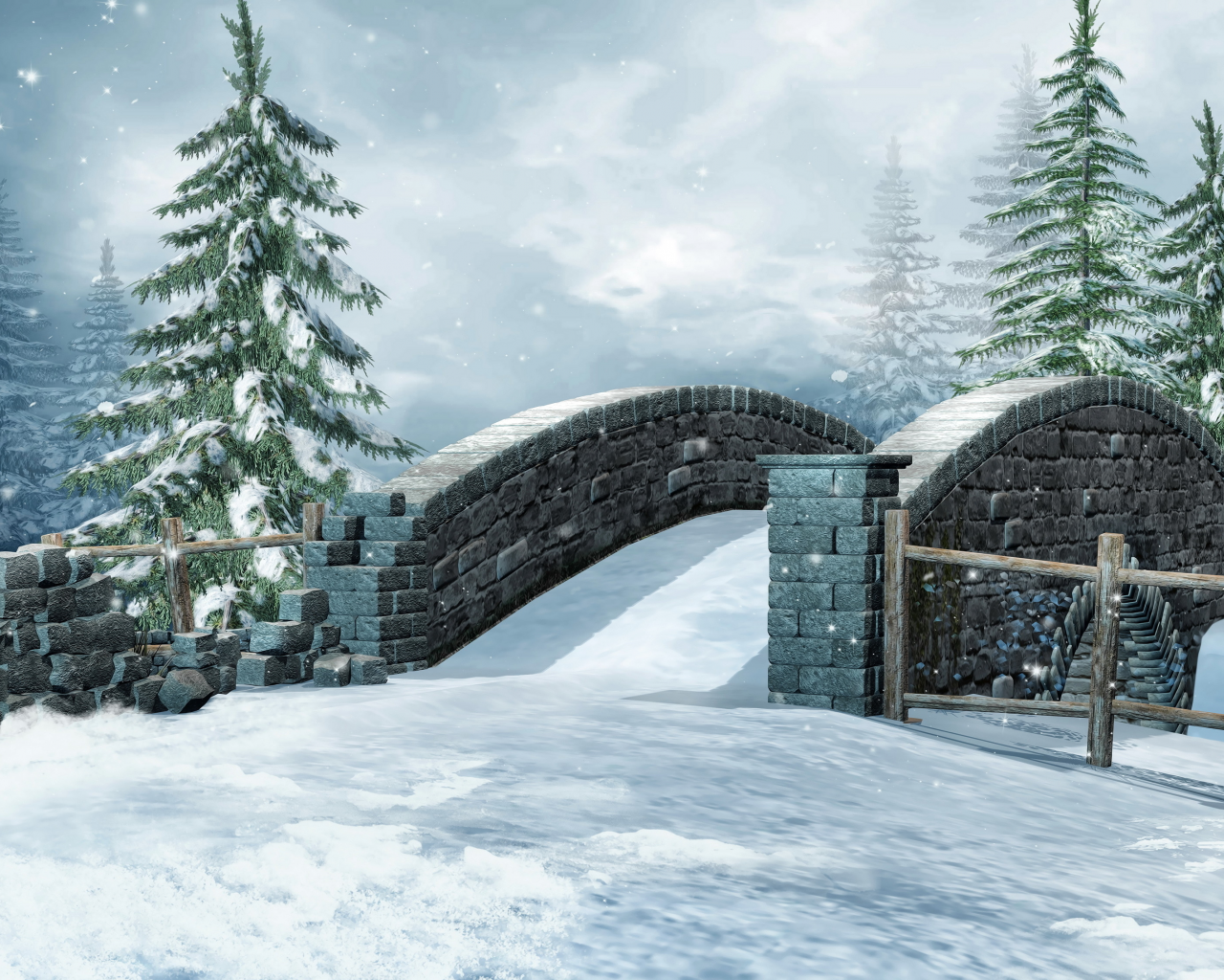 фото, зима, природа, 3d графика, мост, снег, ель