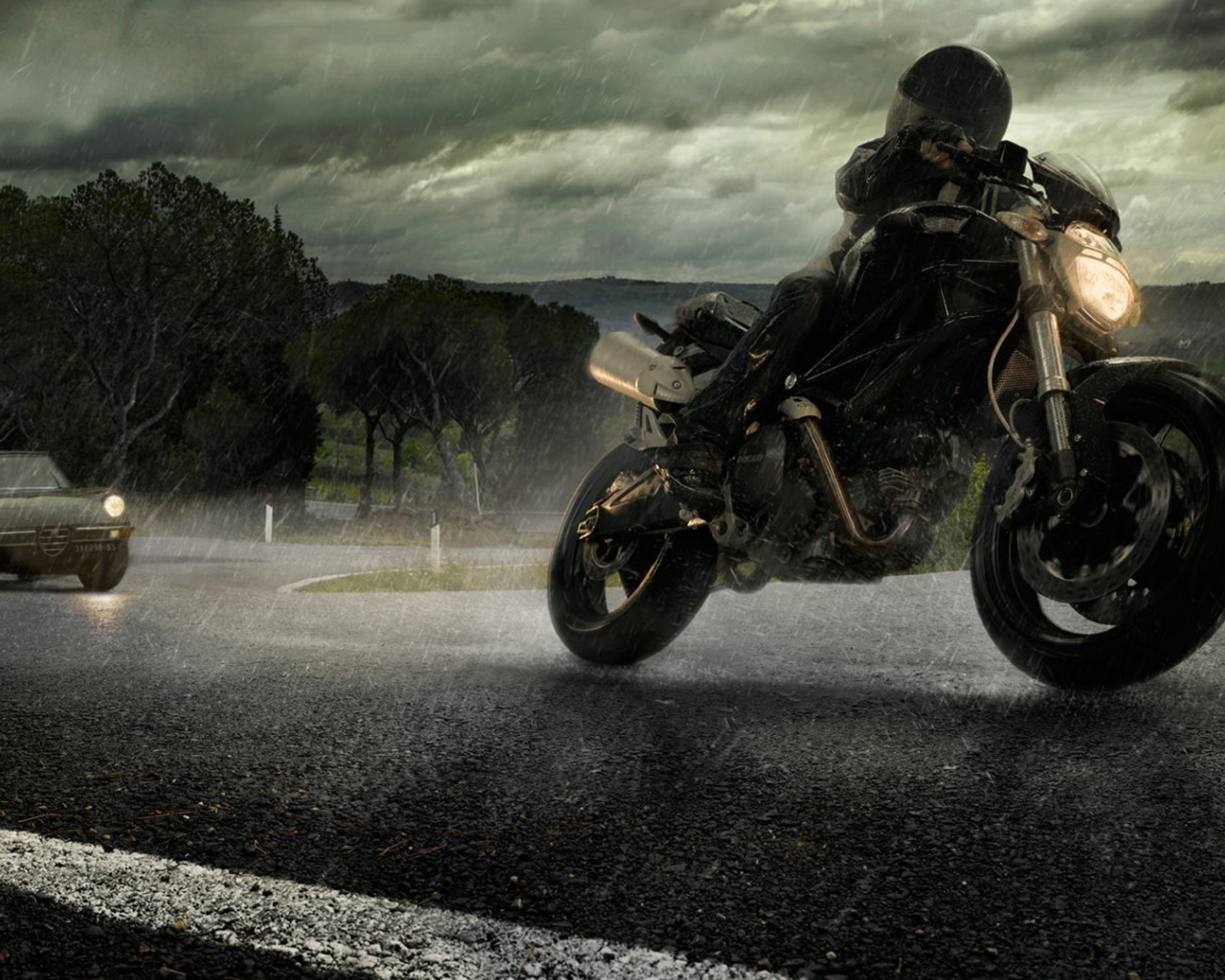 мотоцикл, alfa romeo, дорога, ducati, автомобиль, дождь