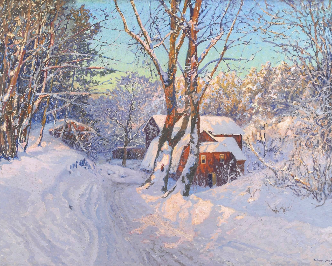 домик, зима, anshelm leonard schultzberg, пейзаж, снег, рассвет