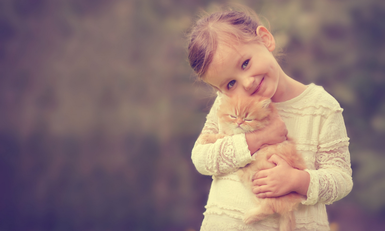 девочка, рыжий котёнок, котёнок, друзья, улыбка, настроение