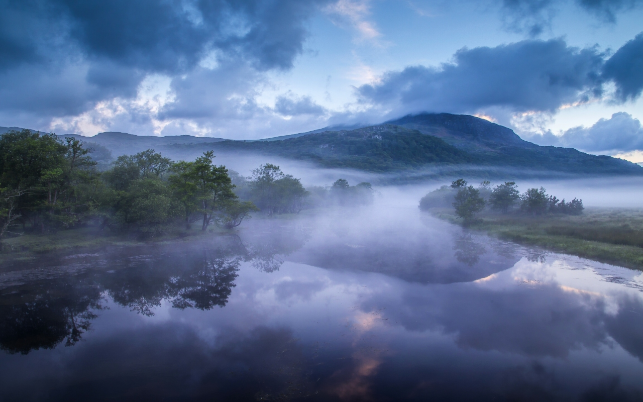 Afon Glaslyn, Wales, England, Река Гласлин, Уэльс, Англия, река, горы, холмы, туман, утро