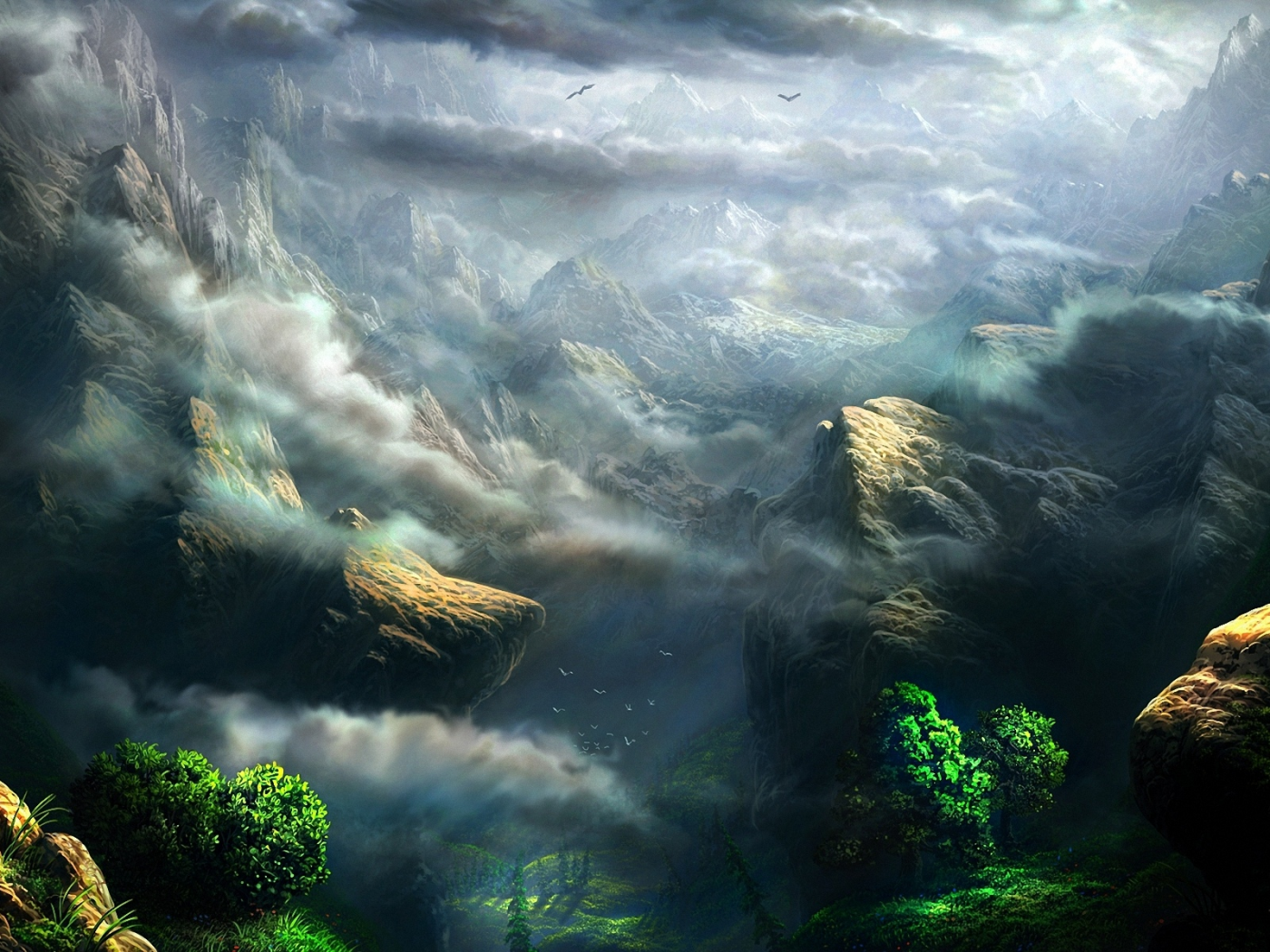 арт, деревья, горы, зелень, высота, скалы, облака, fel-x