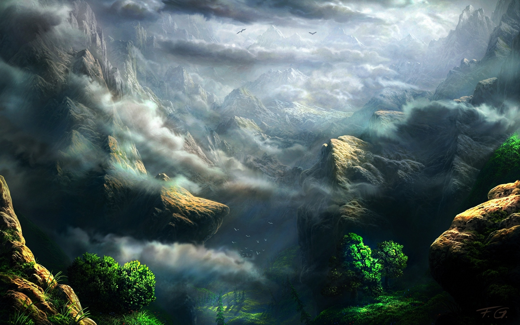 арт, деревья, горы, зелень, высота, скалы, облака, fel-x