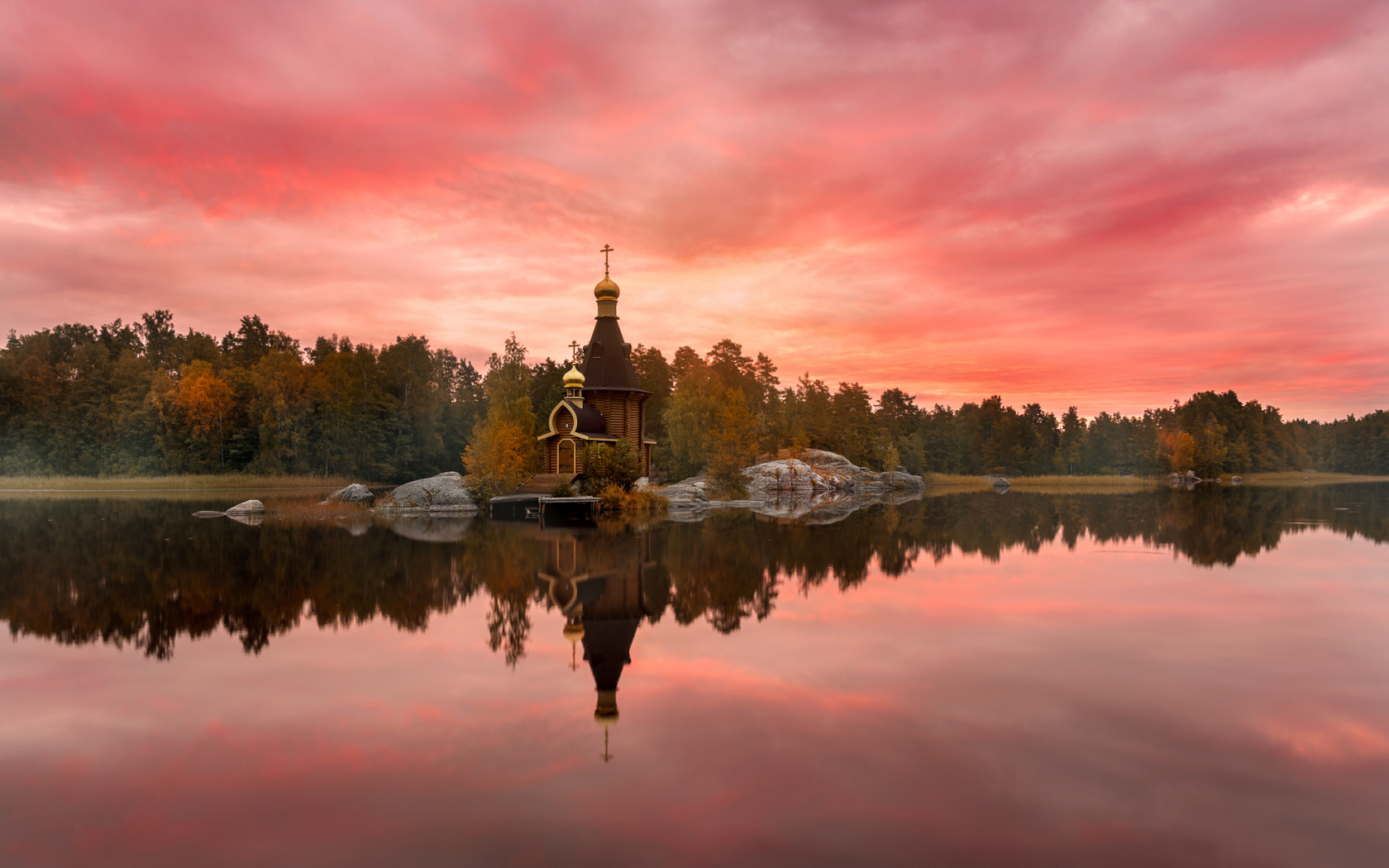 вуокса, осень, храм, вечер, заря, закат, красный