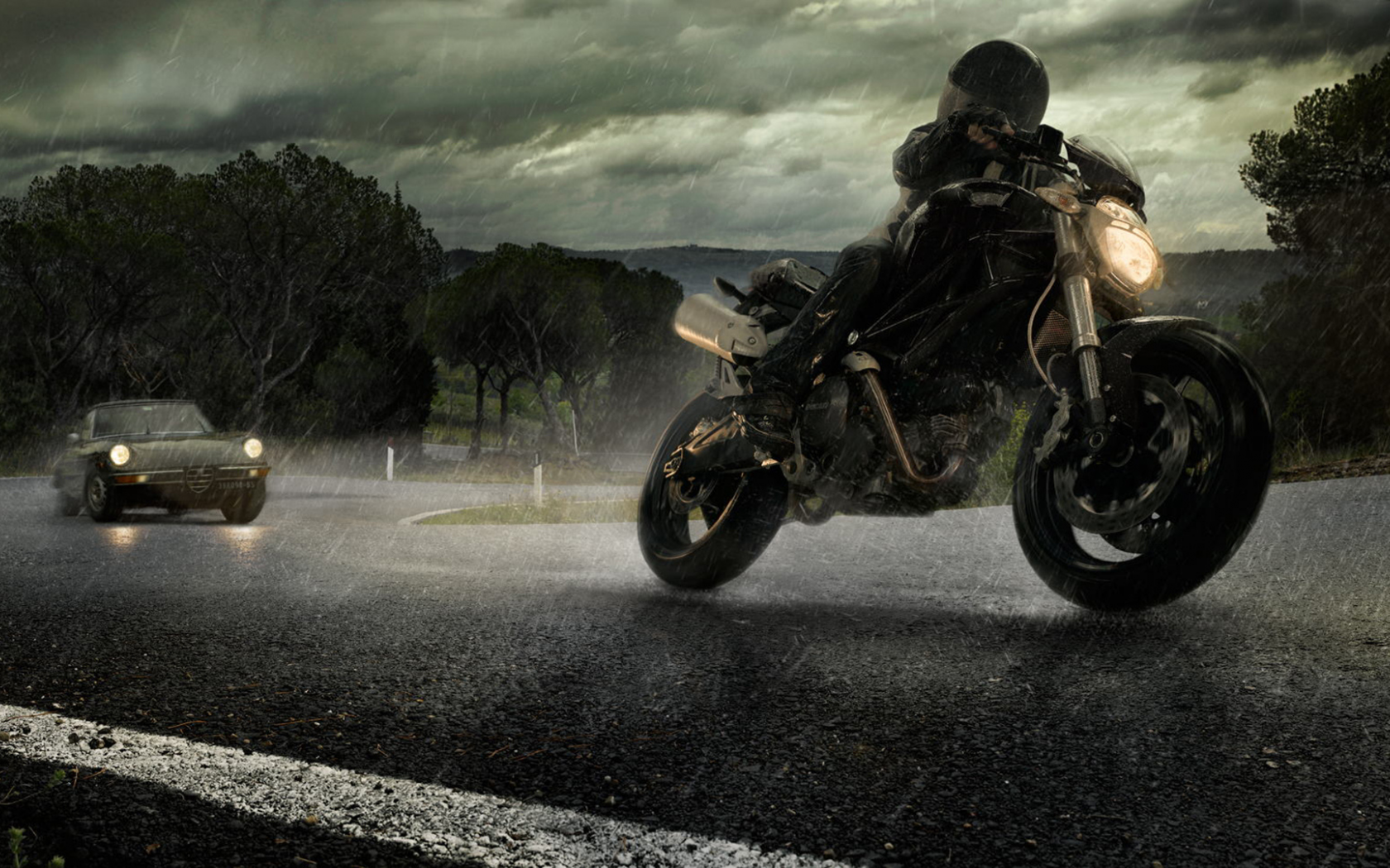 мотоцикл, alfa romeo, дорога, ducati, автомобиль, дождь