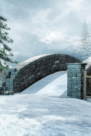 фото, зима, природа, 3d графика, мост, снег, ель