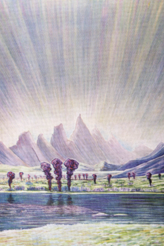 Георгий, Курнин, 1981, картина, фантастика, космос, горы, свет, лучи, небо, озеро, деревья