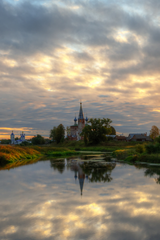 сентябрь, пруд, вечер, закат, село, околица, церковь