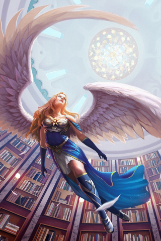 свод, библиотека, крылья, книги, ангел, девушка, арт