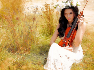 азиатка, лето, девушка, скрипка, музыка