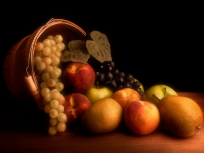 фрукты, натюрморт, виноград, персики, яблоки, груши