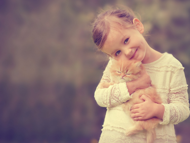 девочка, рыжий котёнок, котёнок, друзья, улыбка, настроение