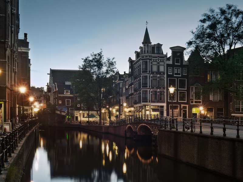 улица, вечер, сумерки, амстердам, канал, голландия