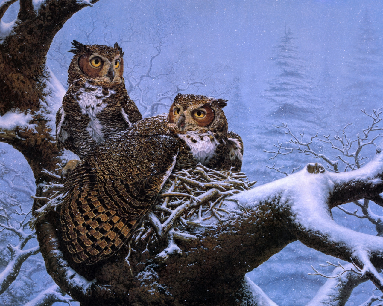 зима, совы, живопись, дерево, february nest, lee kromschroeder, гнездо