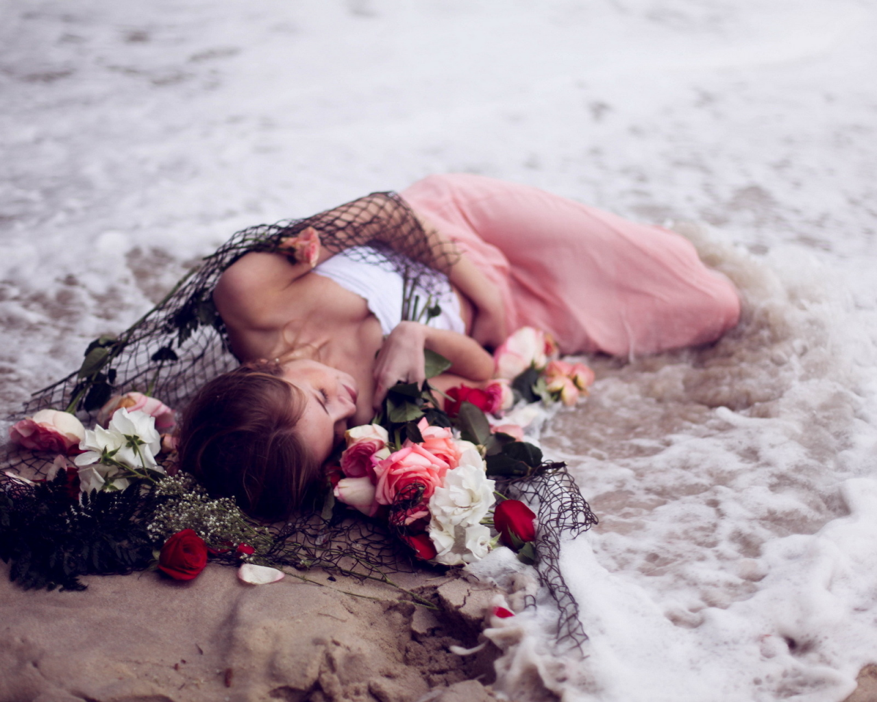 море, ситуация, цветы, сети, девушка