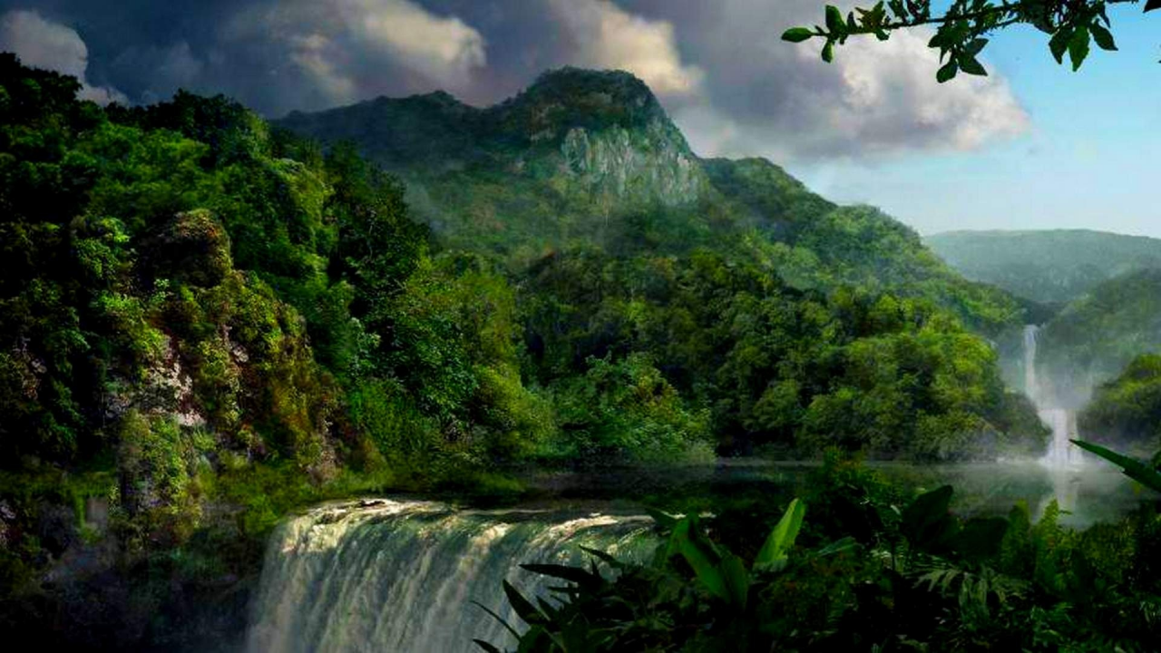 водопад, горы, джунгли
