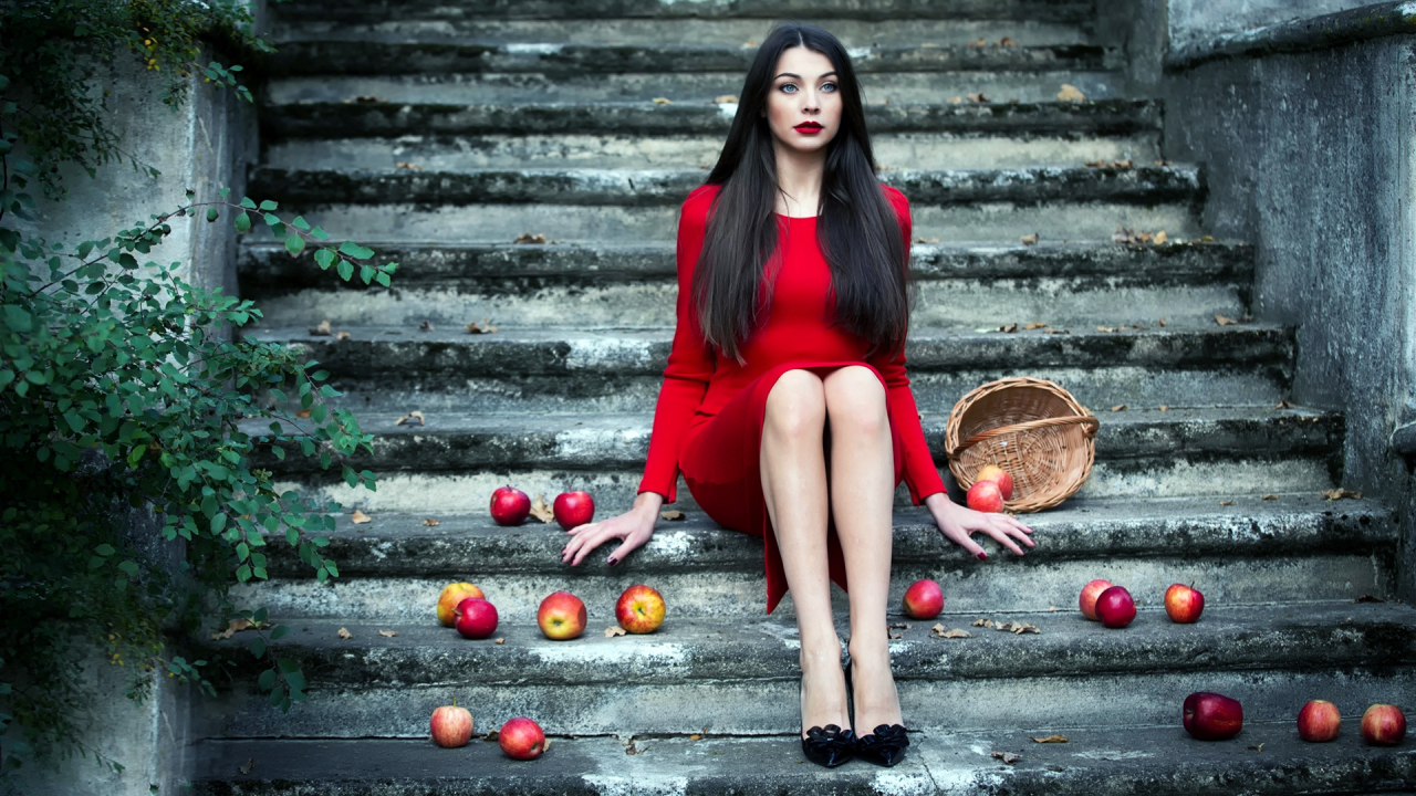 девушка, корзинка, яблоки