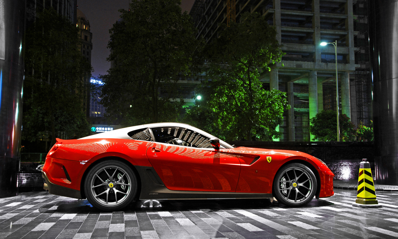 parking, red, 599, light, night, ferrari, building, gto, city, supercar