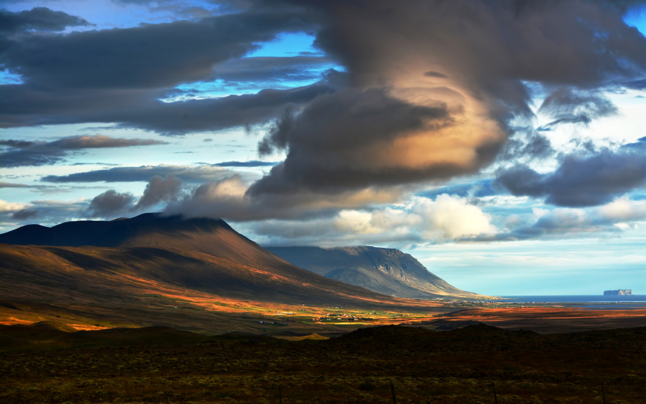 Исландия, восход, облака, горы, тени