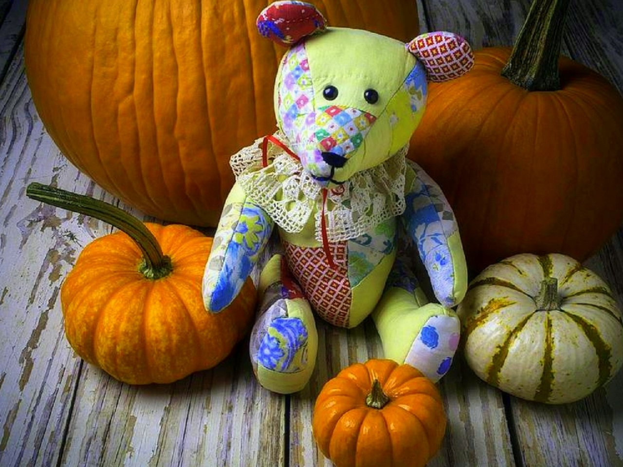 мишка, игрушка, тыквы, настроение, хеллоуин, натюрморт