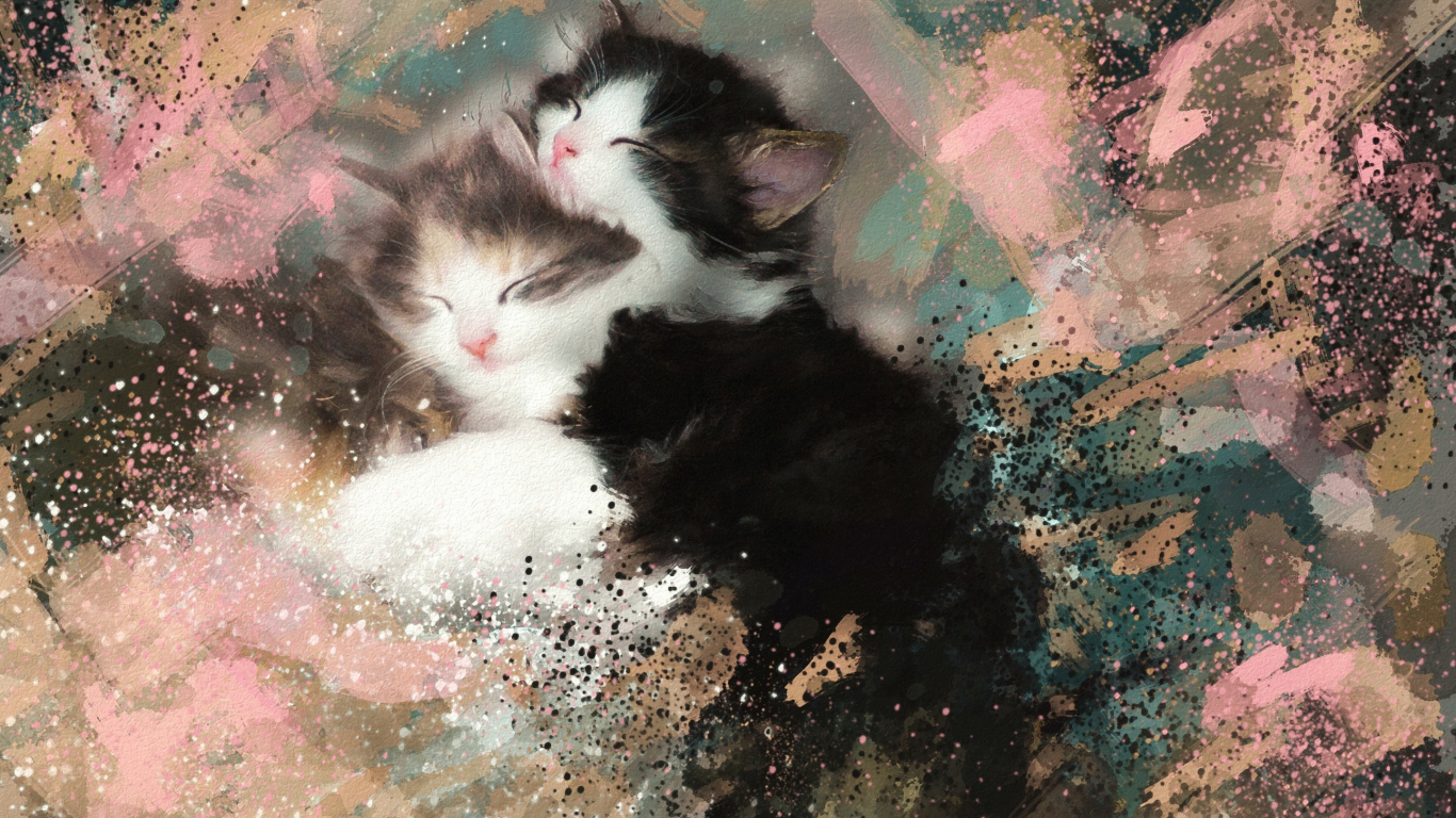 котята, спят, пушистые, черно-белые, картина, акварель, мазки