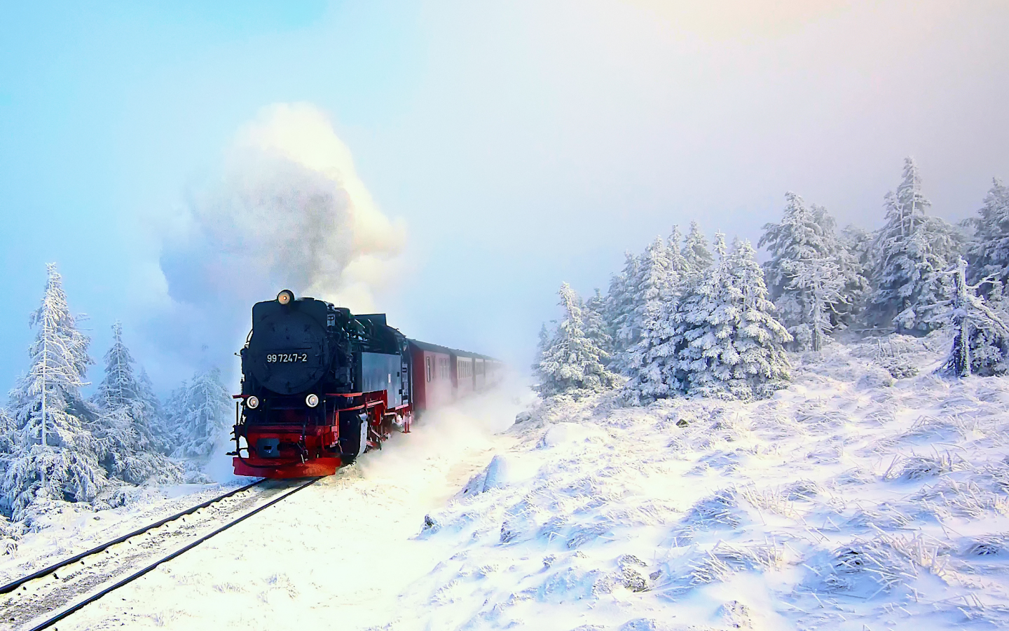 поезд, снег, зима, паровоз, лес
