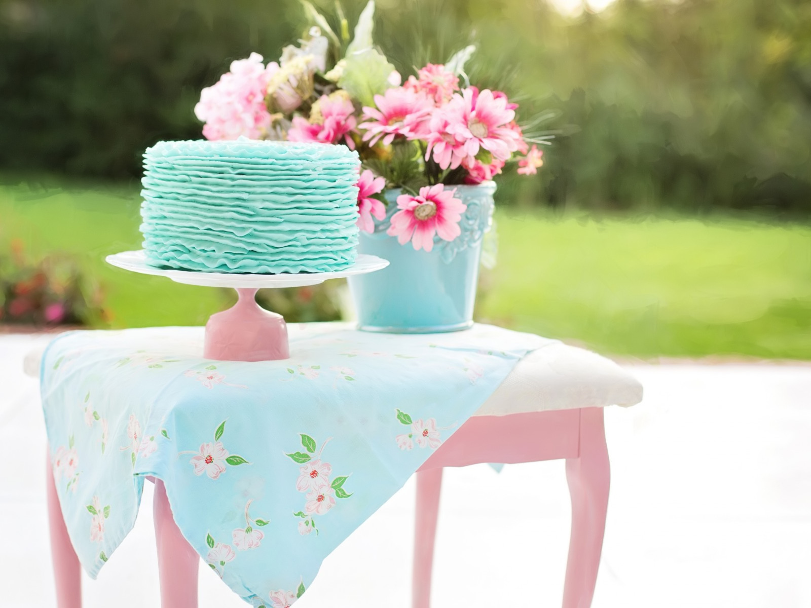 стол, торт, ведро, цветы