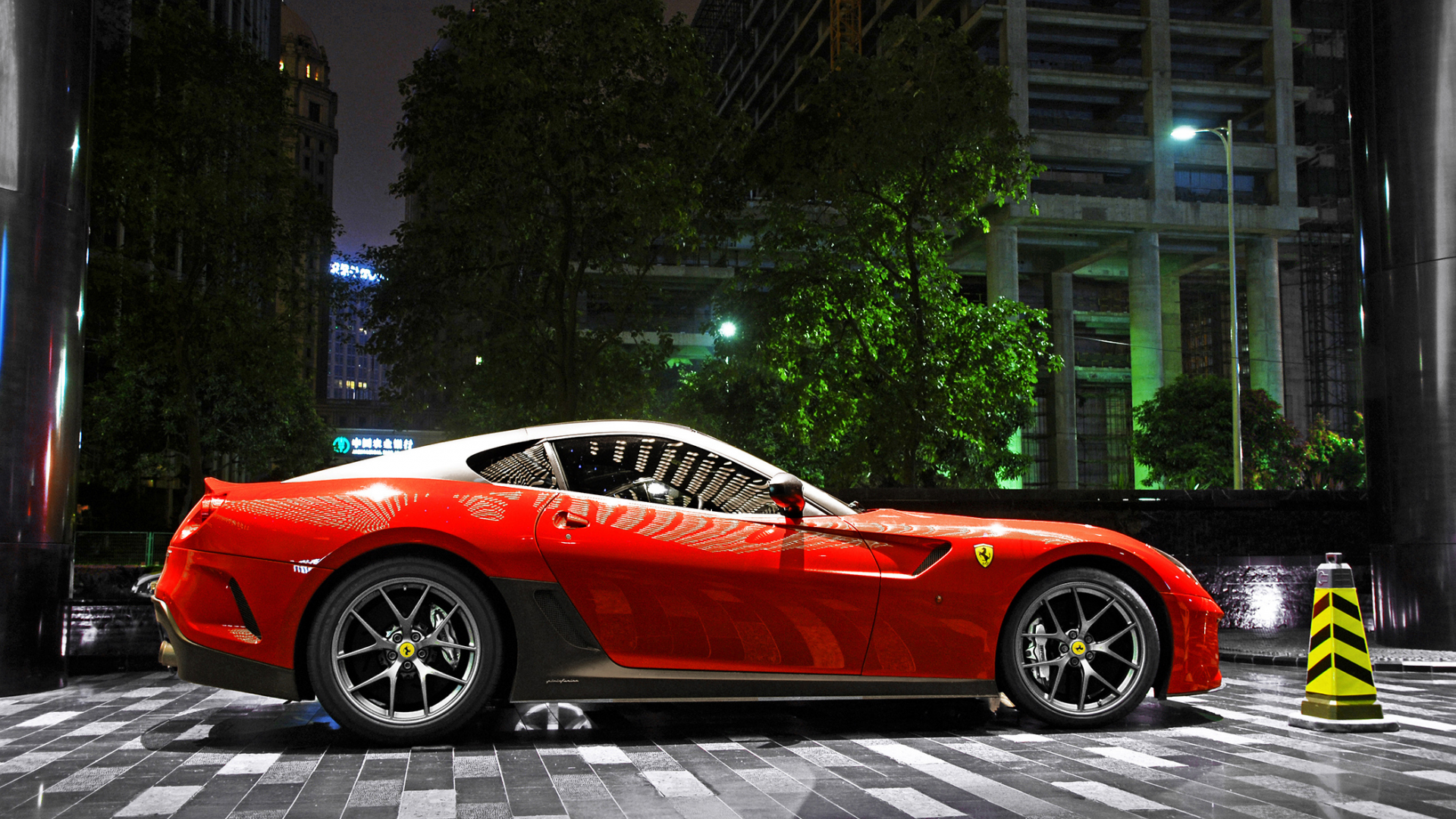 parking, red, 599, light, night, ferrari, building, gto, city, supercar