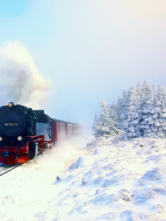 поезд, снег, зима, паровоз, лес