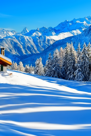небо, дом, снег, природа, зима, лес, деревья, горы