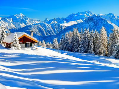 небо, дом, снег, природа, зима, лес, деревья, горы