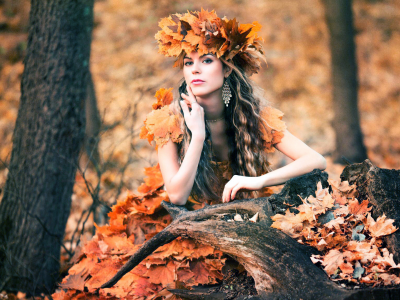 девушка, осень, листья