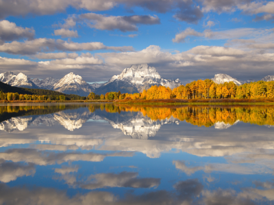 Grand Teton National Park, Вайоминг, США, горы, снег, облака, деревья, озеро, осень