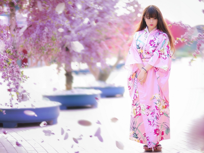 девушки, японка, сакура, цветы, кимоно, азиатка, весна