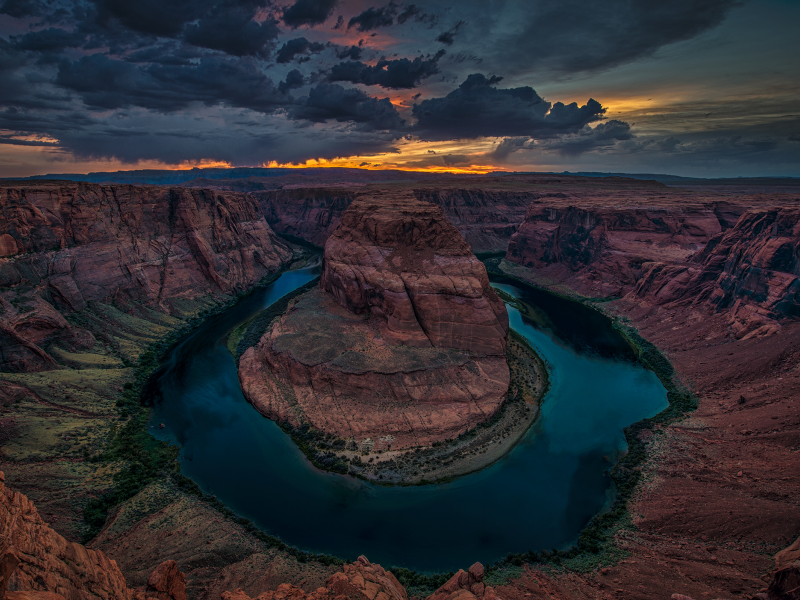 каньон, река, колорадо, horseshoe bend, grand canyon national park, тучи