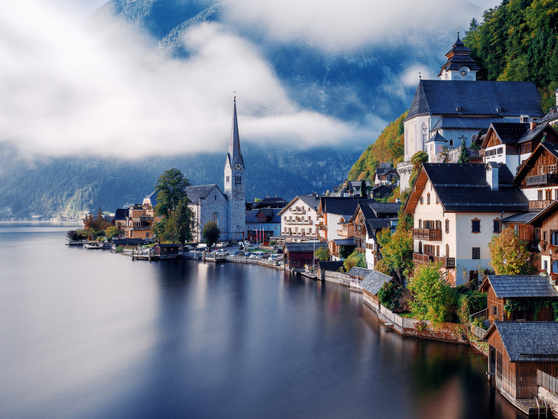 Hallstatt, Austria, Alps, Гальштат, Австрия, озеро, Альпы, горы, дома, леса, облака