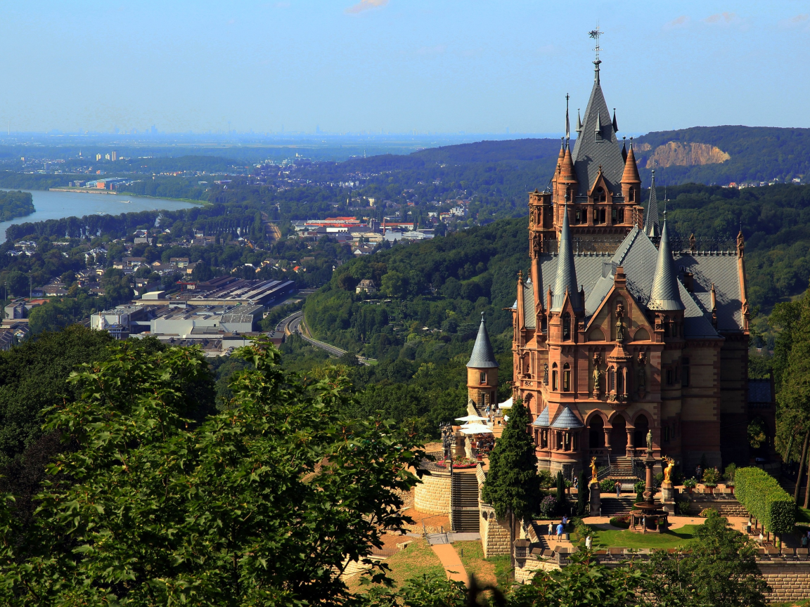 Германия, Drachenburg, замок, панорама, река, дома, деревья