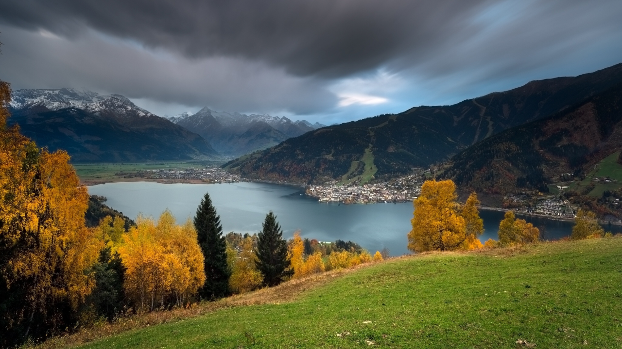 Lake Zell, Zell am See, Austria, Alps, озеро Целлер Зее, Целль-ам-Зее, Австрия, Альпы, озеро, горы, осень, деревья, панорама