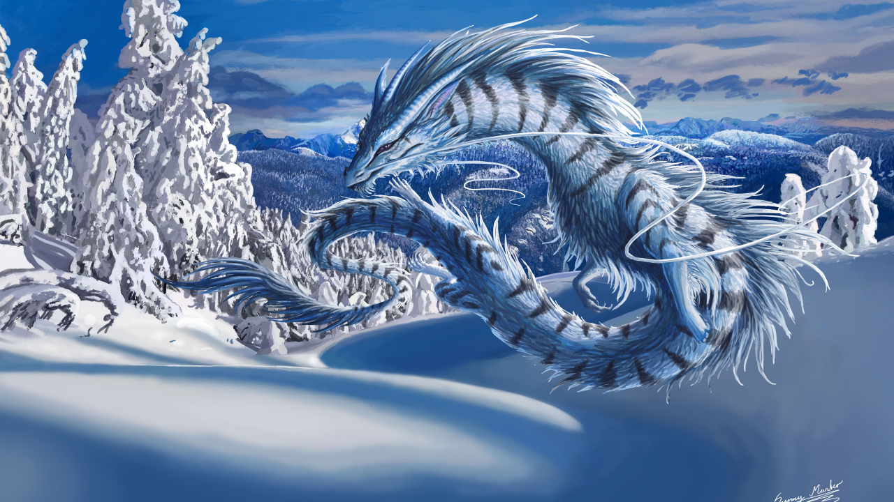 снег, зима, пейзаж, дракон, фентези, сказка