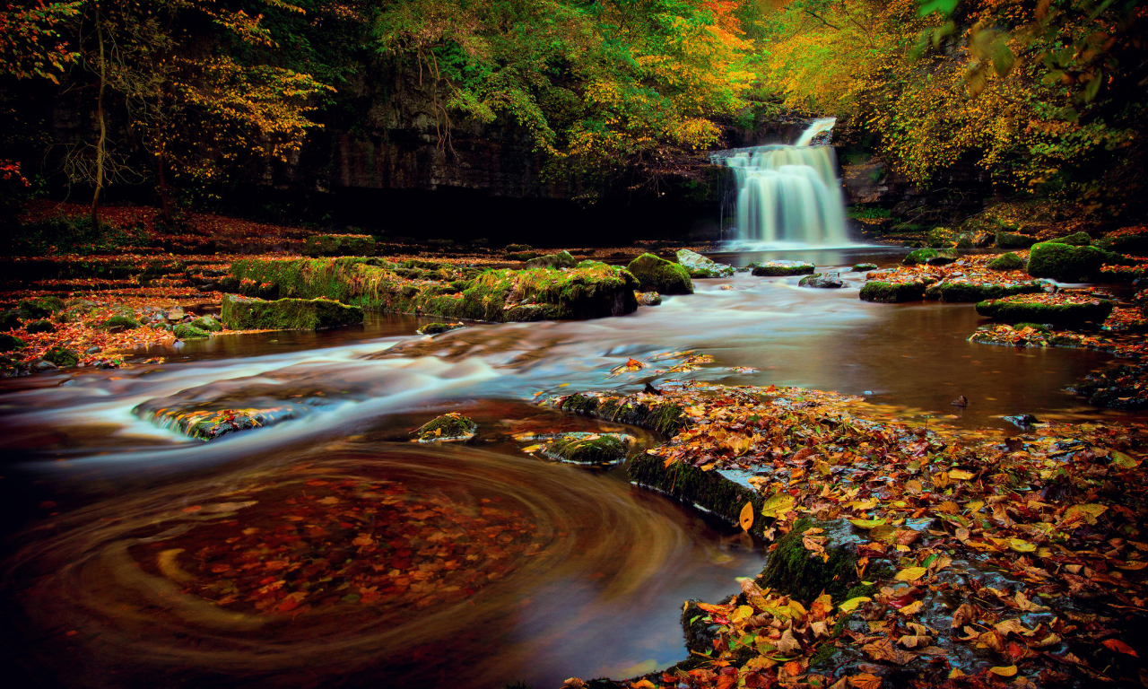 водопад, осень, листья, деревья