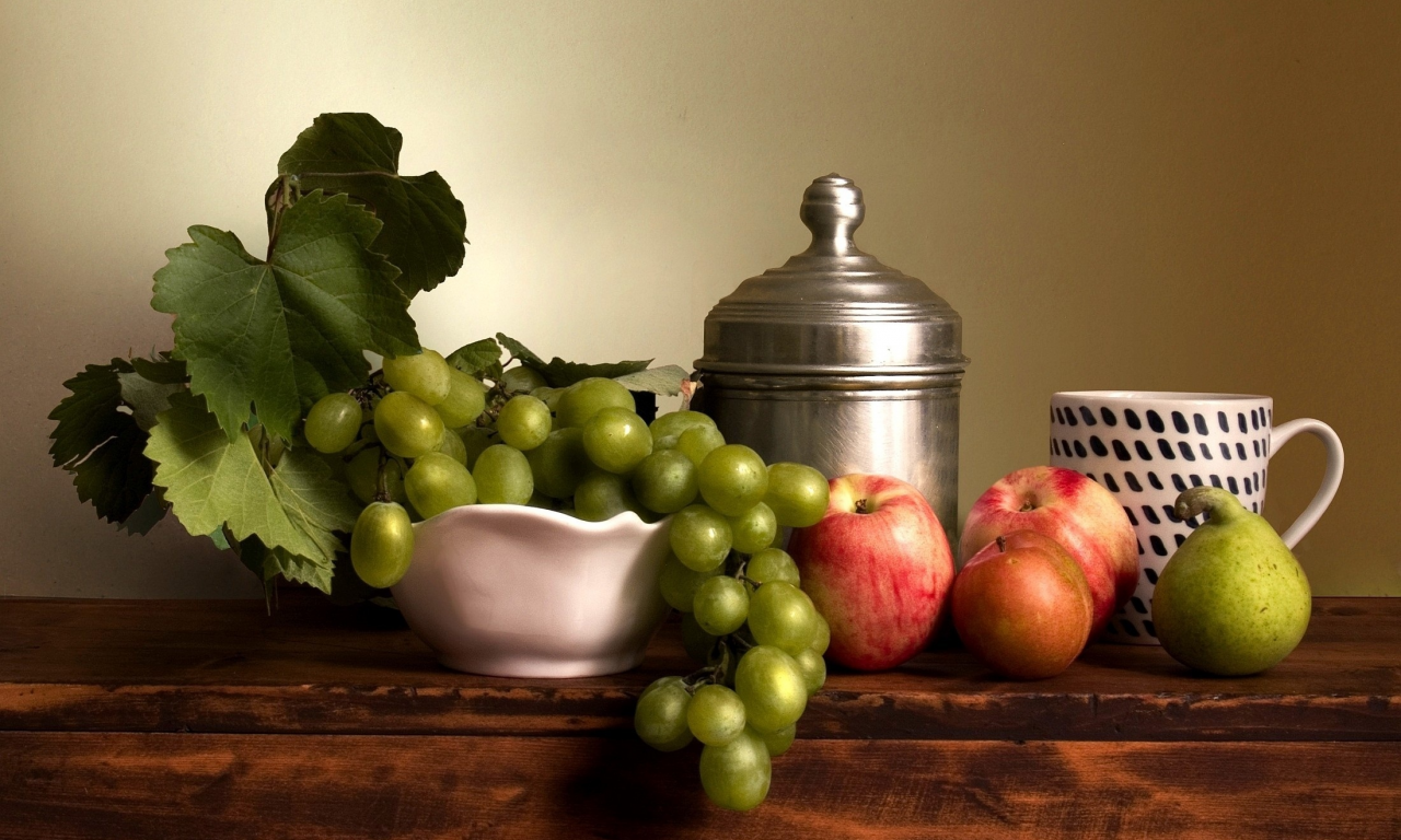 mug, grapes, leaves, still life, food, vase, apples, fruits, green