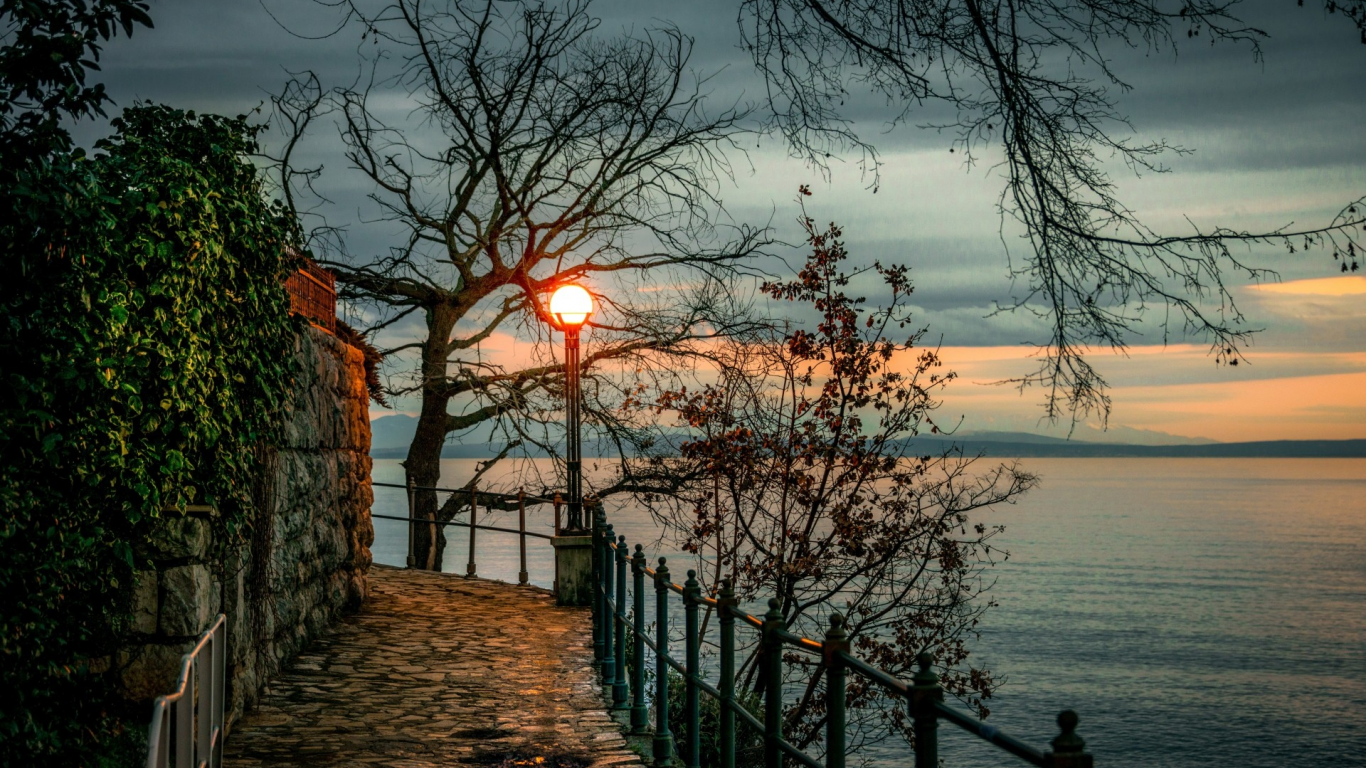 Хорватия, Опатия, Opatija, берег, залив, закат, вечер, фонарь, ветки, деревья