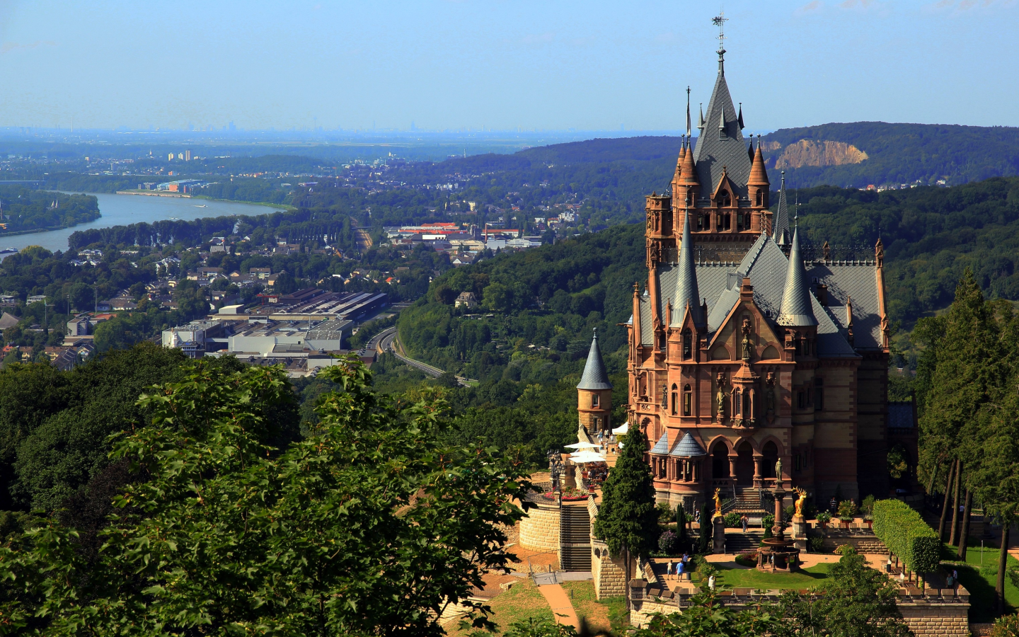 Германия, Drachenburg, замок, панорама, река, дома, деревья