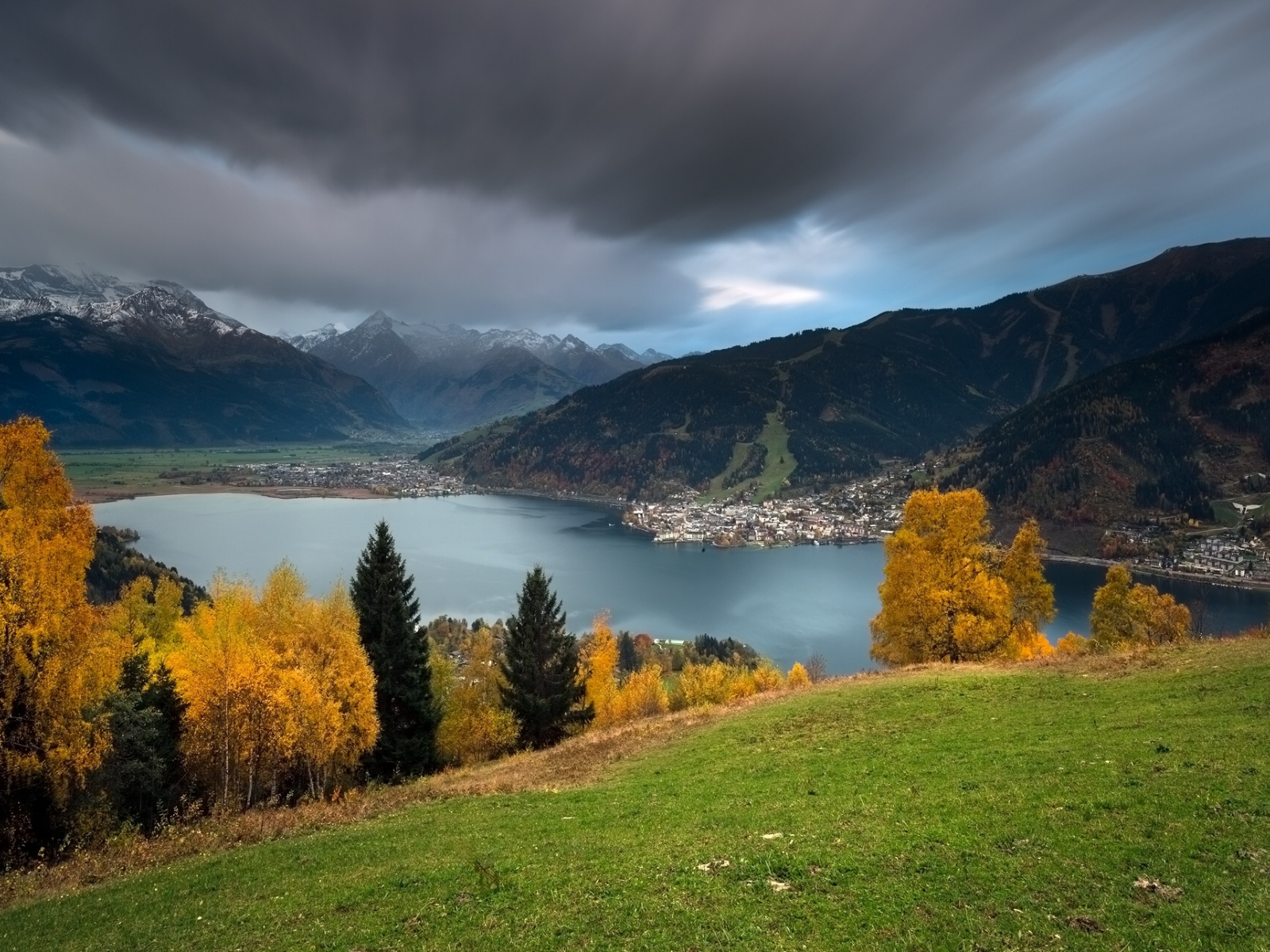 Lake Zell, Zell am See, Austria, Alps, озеро Целлер Зее, Целль-ам-Зее, Австрия, Альпы, озеро, горы, осень, деревья, панорама