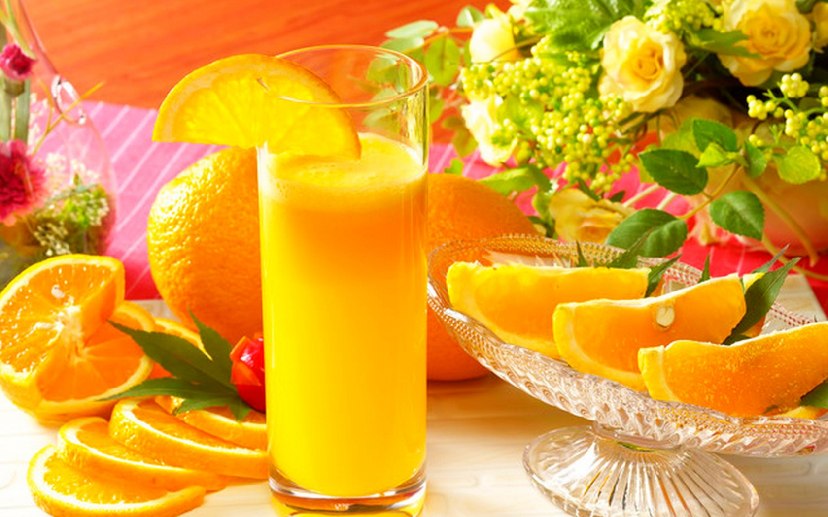 апельсиновый сок, стакан, лимон, апельсин