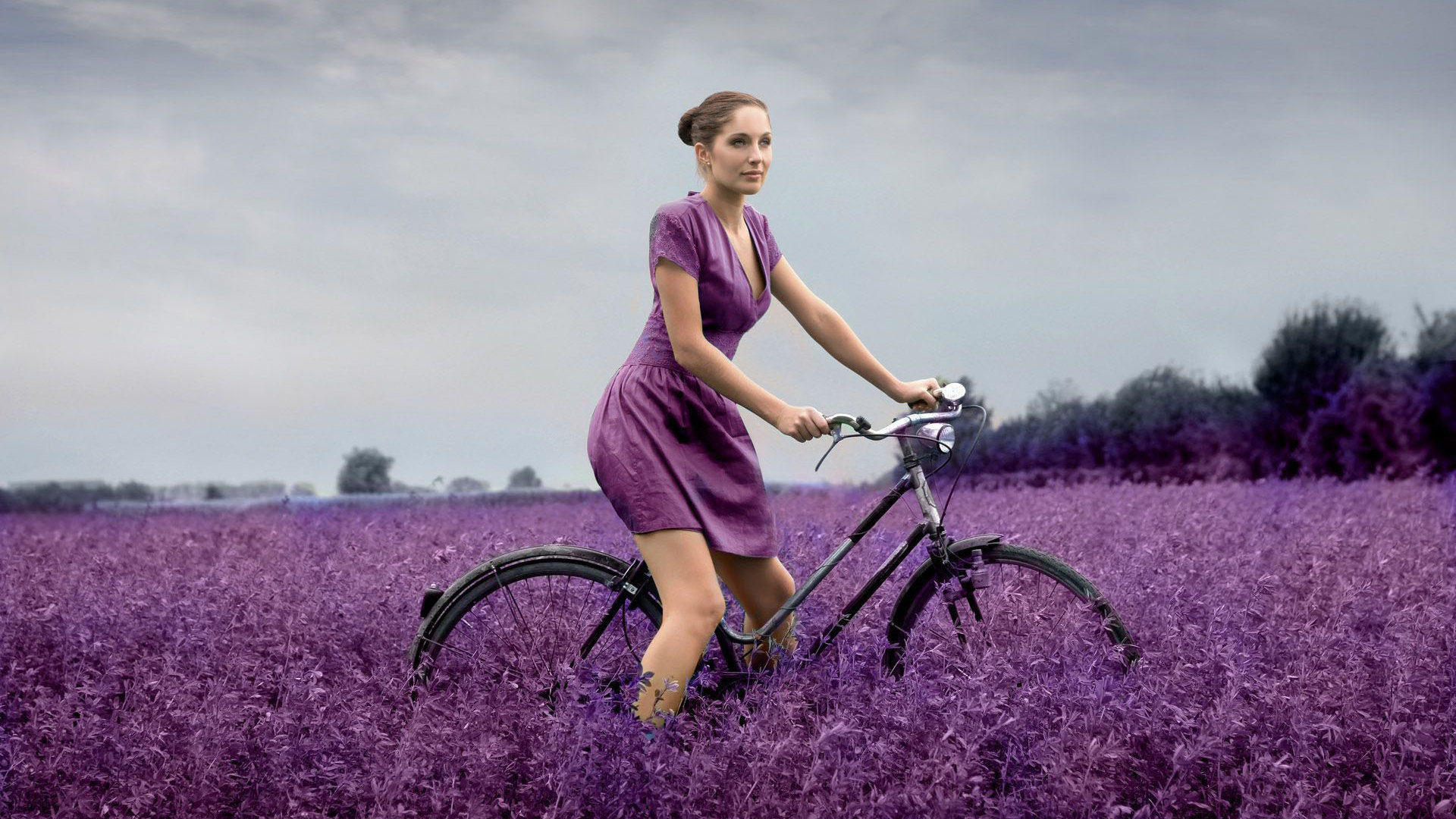 девушка, велосипед, поле, цветы, фиолет, ноги, природа, лаванда, платье, бедра