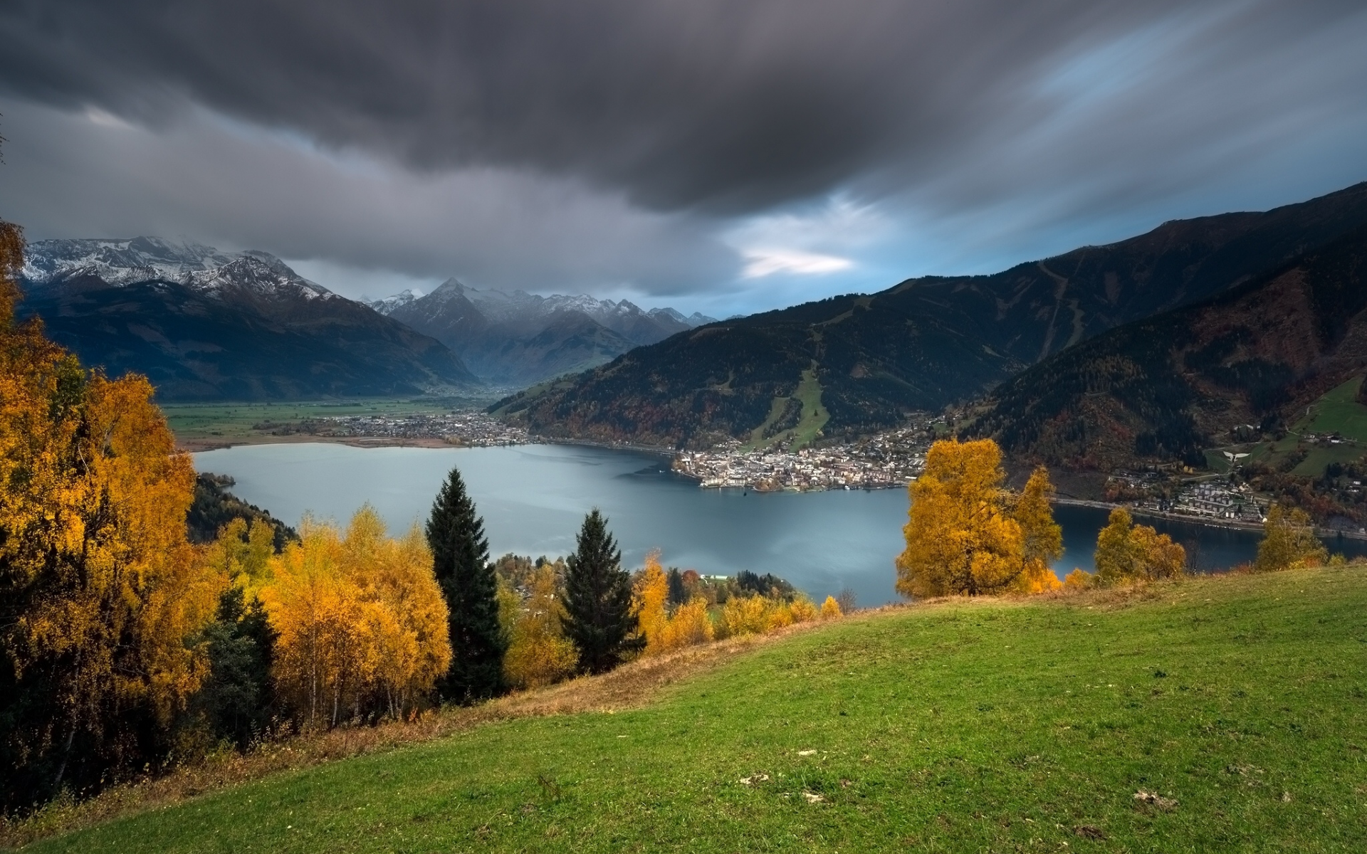 Lake Zell, Zell am See, Austria, Alps, озеро Целлер Зее, Целль-ам-Зее, Австрия, Альпы, озеро, горы, осень, деревья, панорама