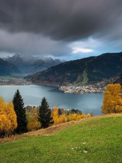 Lake Zell, Zell am See, Austria, Alps, озеро Целлер Зее, Целль-ам-Зее, Австрия, Альпы, озеро, горы, осень, деревья, панорама
