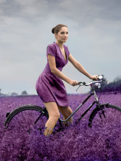 девушка, велосипед, поле, цветы, фиолет, ноги, природа, лаванда, платье, бедра